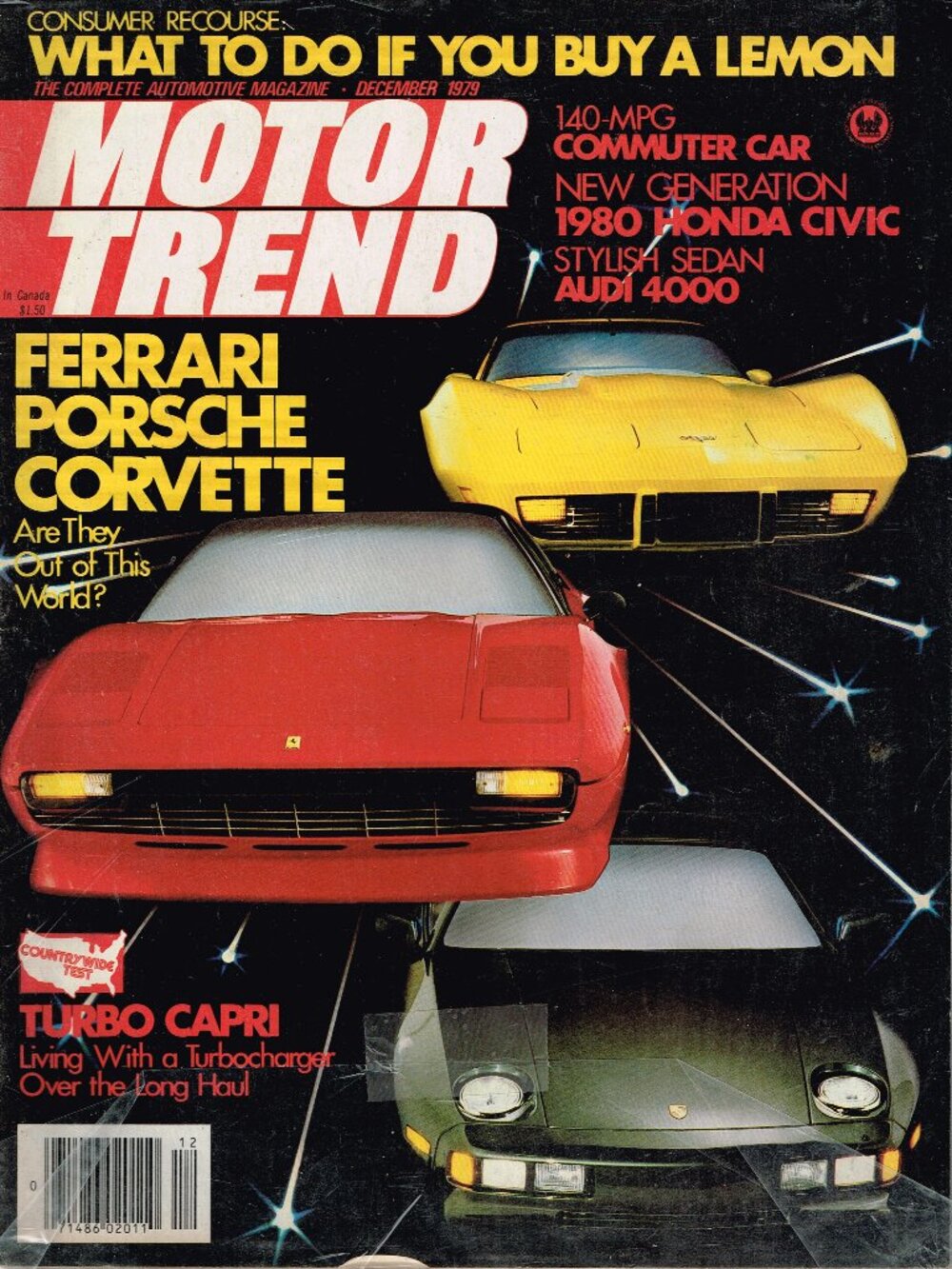 MOTOR TREND MAGAZINE-DECEMBER 1979-FERRARI PORSCHE CORVETTE TURBO CAPRI-80 CIVIC